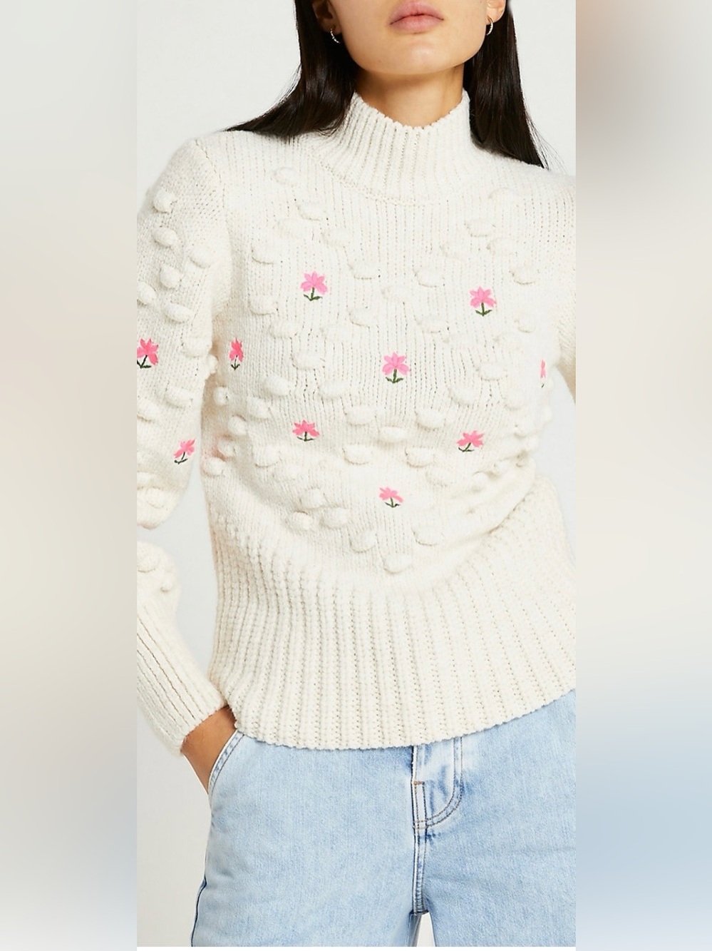 Cream Cowl Neck Knit Sweater with Pink Floral Embroidery